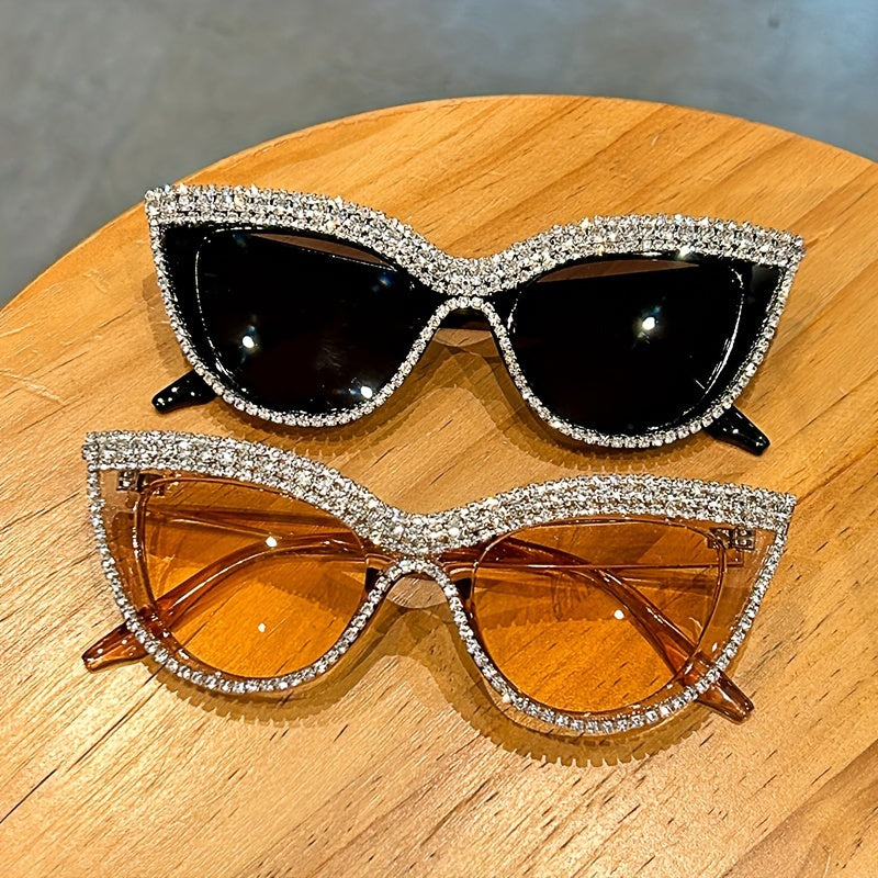 Rhinestone Cat Eye Glasses Women 2 Pack Sparkling Composite Frame Decorative Eyewear with Case Champagne Black Prom Costume Party Special Occasions Luxury Fashion