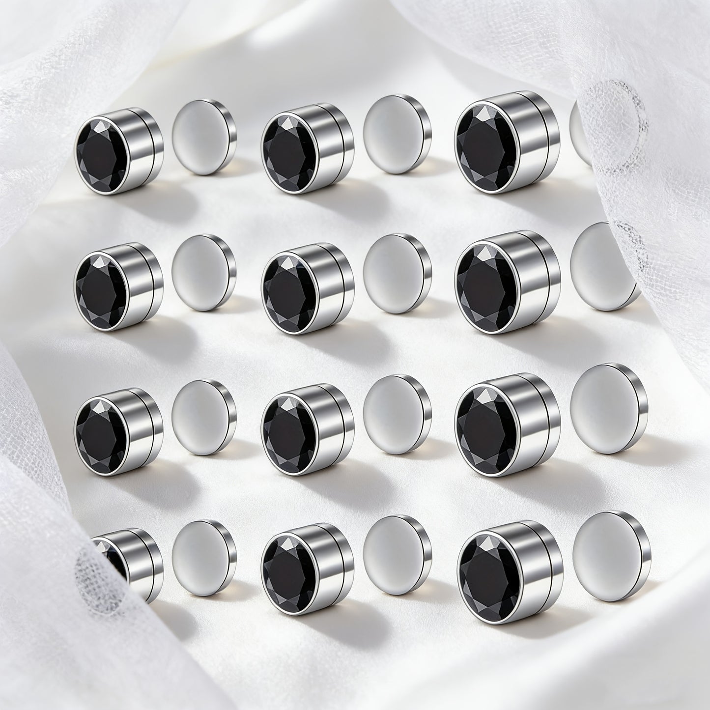 Magnetic Stud Earrings for Men Multi-Pack - Round Square Embellished Non-Piercing Ear Studs, Silver & Black Tone, 8/9/12/14pcs Set, No Piercing Needed, Unisex Fashion Jewelry Gift