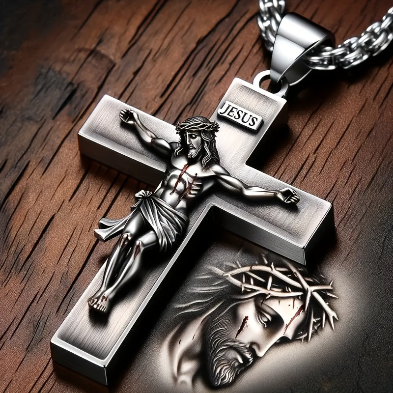 Men's Jesus Cross & Thorn Crown Necklace - Vintage Religious Pendant with Crown of Thorns, Durable Christian Jewelry Gift Suitable for Christmas, Easter, Birthdays - Daily Wear & Formal Occasions, Year-Round Christian Symbol Accessory