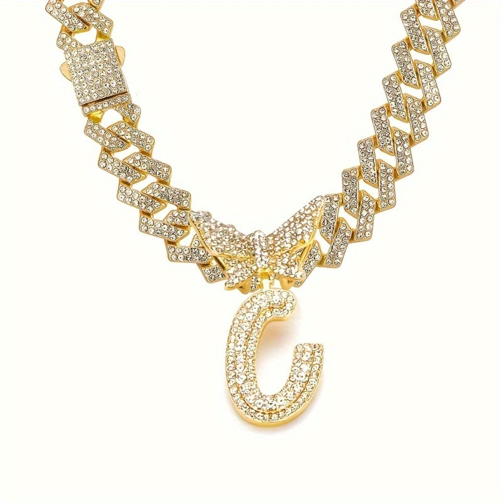 Cuban Link Chain Necklace - Initial Letter for Men Women - with Butterfly Alphabet Pendant A-Z, Gold & - product detail view