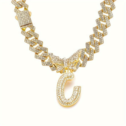 Cuban Link Chain Necklace - Initial Letter for Men Women - with Butterfly Alphabet Pendant A-Z, Gold & - product detail view