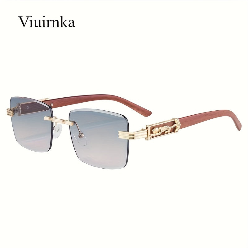 Rimless Rectangle Glasses for Women Men, Vintage Leopard Temple Design, Unisex Retro Eyewear with UV Protection, Sleek Silver & Gold Frames for Outdoor Travel Driving Party — 7 Lens Colors