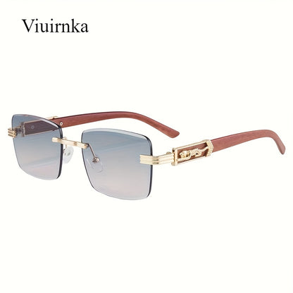 Rimless Rectangle Glasses for Women Men, Vintage Leopard Temple Design, Unisex Retro Eyewear with UV Protection, Sleek Silver & Gold Frames for Outdoor Travel Driving Party — 7 Lens Colors