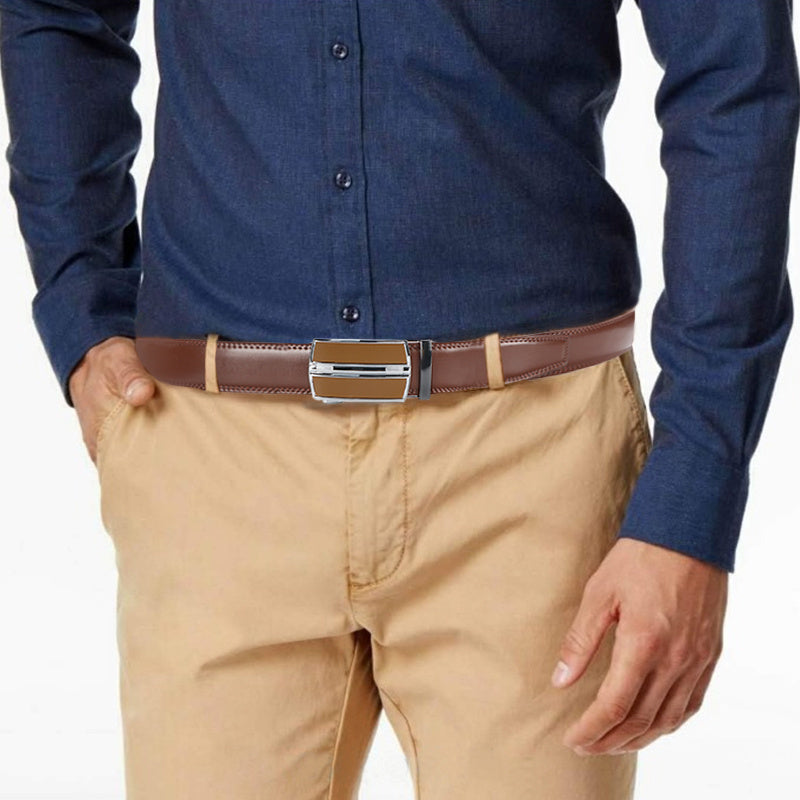 2pcs Genuine Leather Ratchet Belt for Men - Adjustable Automatic Buckle, Versatile Casual Business Style, Durable Alloy Buckle, High-Quality Leather Panel, Easy to Wear And Suitable for Any Occasion