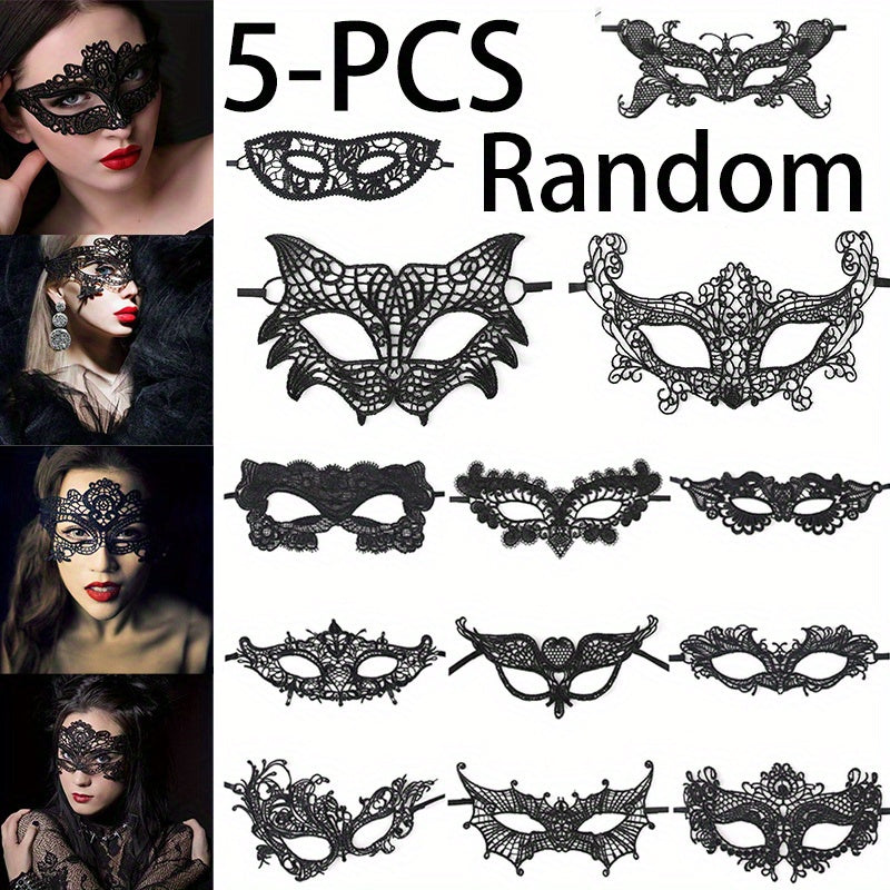 5pcs Sexy Black Fabric Lace Eye Masks Set Random Lace Mask | Half-Face Mask Women Party Cosplay Masquerade Accessories Vintage Hollow Black Flower Eye Masks Proms, Music Festivals, And Holiday Wear Accessories