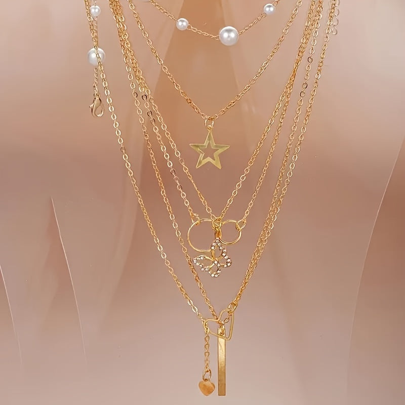 86pcs Easy Faux Pearls Love Butterfly Stars Moon Necklace Bracelet Ring Earrings Jewelry Set Women'S Autumn And Winter Daily Match Attend Party Holiday Dating Holiday Gift (No Box)