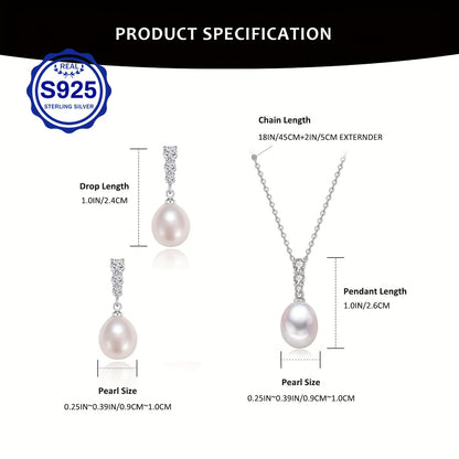 Pearl Pendant Necklace Set S925 Sterling Silver Freshwater Cultured Pearl 9-10MM Pendant Jewelry Set for Women Gift