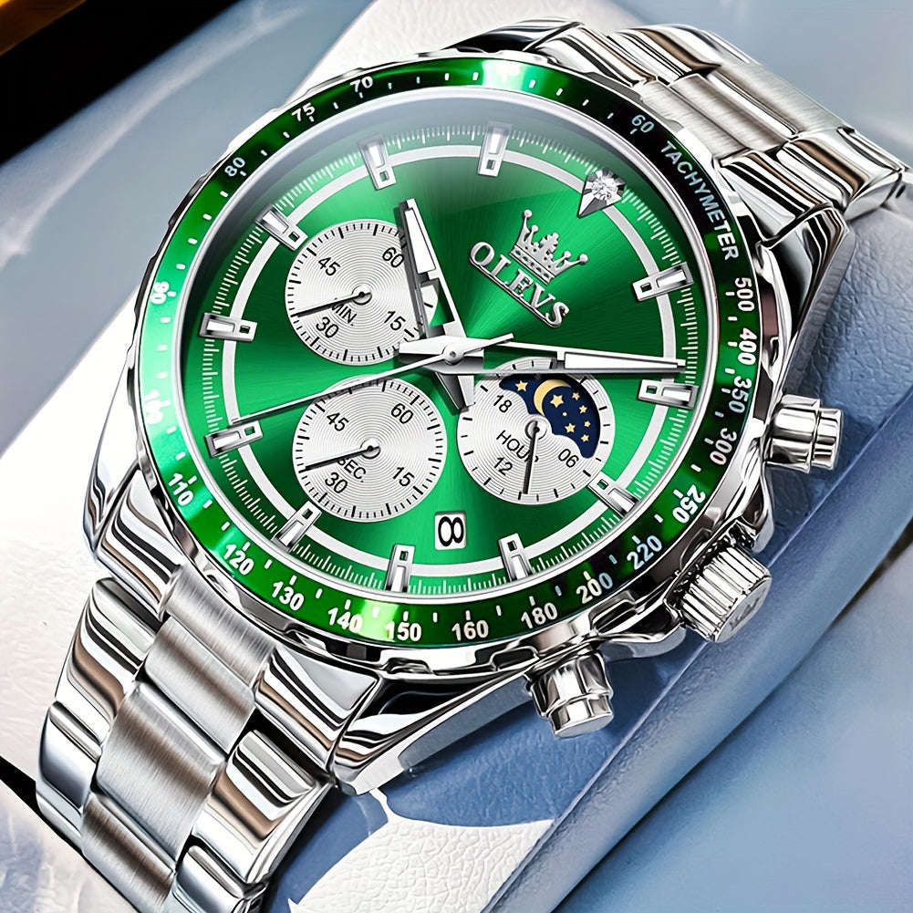 OLEVS Men's Luxury Watch Luminous Easy Read Chronograph Watches Moon Phase Quartz Male Watch Wrist Watch Big Face with Calendar Wristwatch Relojes De Hombre