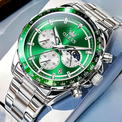 Men's Moon Phase Chronograph Watch | Big Face Luminous Quartz Wristwatch with Calendar & Stopwatch, Luxury Sport Dress Watch in Black, Green, Blue & White