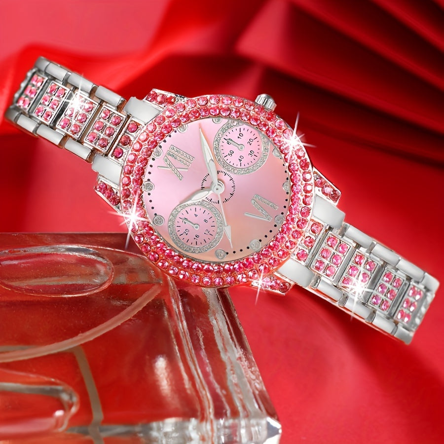 3pcs Set Fashion Watch and Jewelry Set, Elegant Pink Ring Watch Set with Rhinestone Accessories, an Ideal Gift Choice for Women