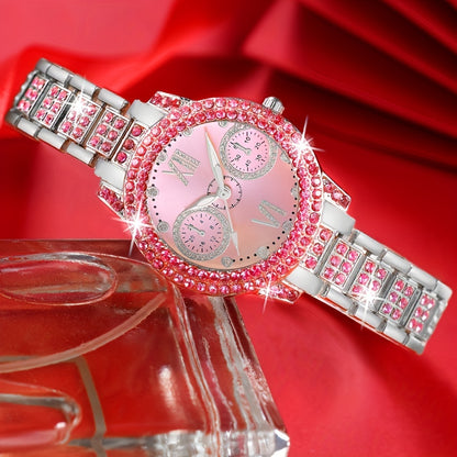 Fashion Watch and Jewelry Set 3Pcs - Rhinestone Ring Bracelet Watch Gift Set for Women, Elegant Pink Silver Quartz Watch with Matching Accessories, Ideal Birthday Gift