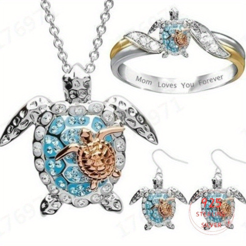 Turtle Necklace, Creative Turtle Golden Necklace + Earrings + Ring Set, S925 Silver, Inlaid Cubic Zirconia, Women'S Necklace, Daily Wear, Birthday Gift, Valentine'S Day Gift, Women'S Gift, Total Weight Of The Product (2g).