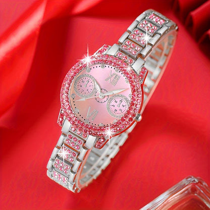 Fashion Watch and Jewelry Set 3Pcs - Rhinestone Ring Bracelet Watch Gift Set for Women, Elegant Pink Silver Quartz Watch with Matching Accessories, Ideal Birthday Gift