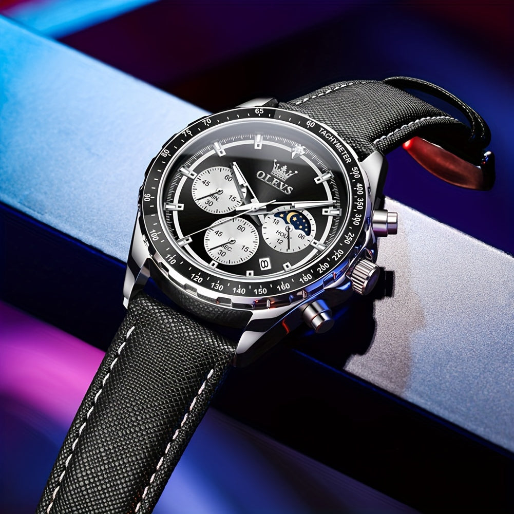 OLEVS Men'S Luxury Watches Blue Leather, Casual Watches for Men, Chronograph Watches Moon Phase Quartz Male Watch Waterproof Wrist Watch Big Face with Calendar Wristwatch Relojes De Hombre