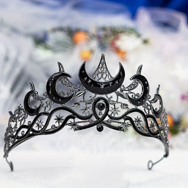 Crown Featuring a Gothic Black Crescent Moon Design for Both Men And Women, Adorned with Stars. This Dark Aesthetic Tiara Is Perfect for Witch, Pagan, Or Wiccan Themes, Ideal for Halloween Cosplay, Costume Parties, Stage Performances, Weddings
