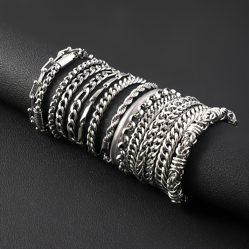 12pcs Set: Men'S Hip Hop Stainless Steel Cuban Chain Bracelet - Perfect for Daily, Party, And Festival Use