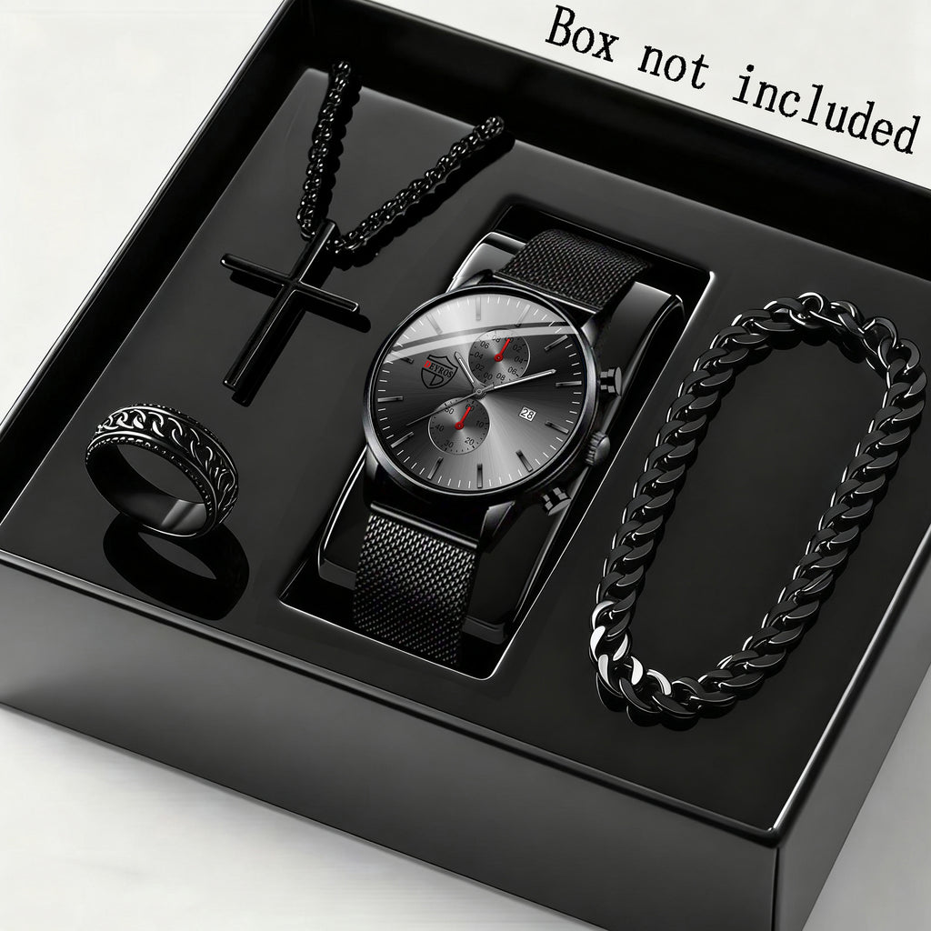 [ Men Watch Set ] 4pcs/ Set Men's Quartz Watch & Bracelet Set | Stainless Steel | Casual Watch | Business Watch | Bracelet for Men | Men Necklace | Date Watch for Men