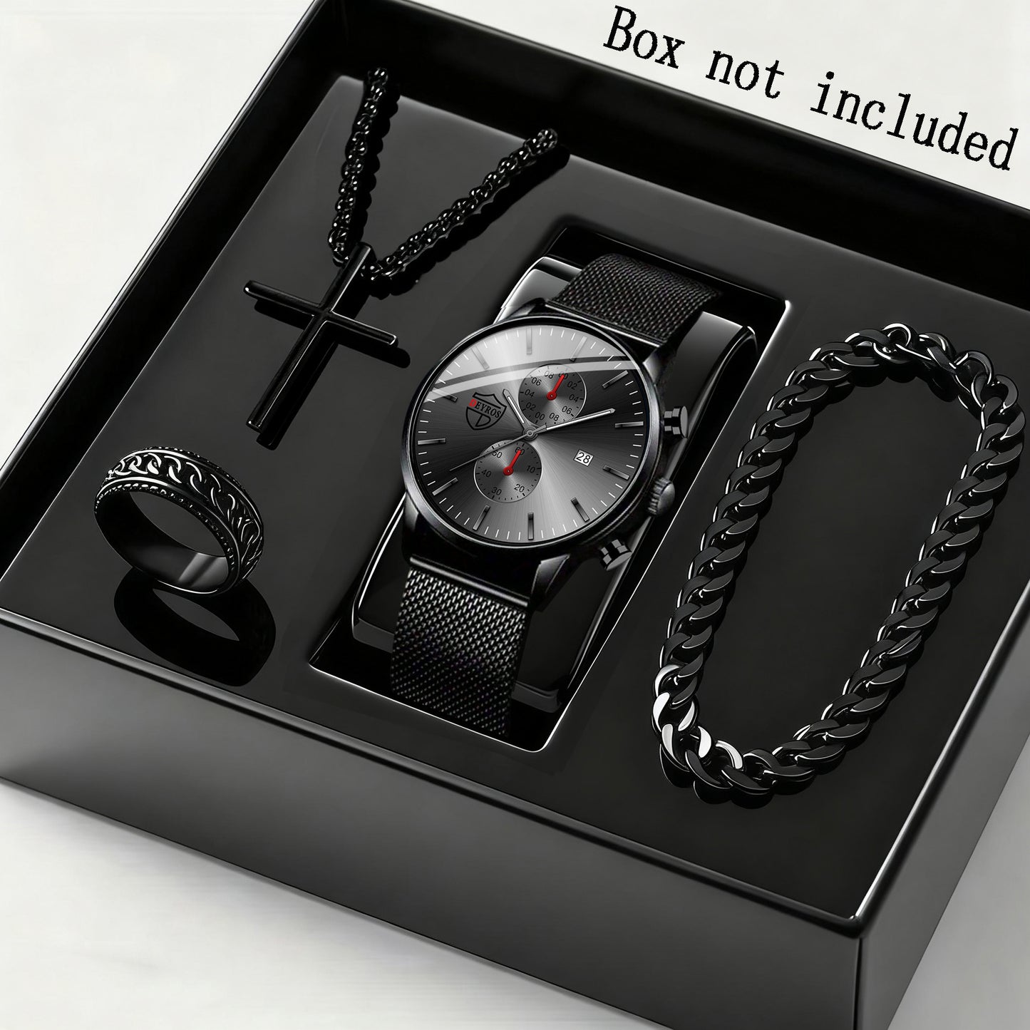 Men's Quartz Watch & Bracelet Gift Set 4-Piece – Stainless Steel Date Watch, Necklace & Bracelet for Men, Casual Business Jewelry Bundle
