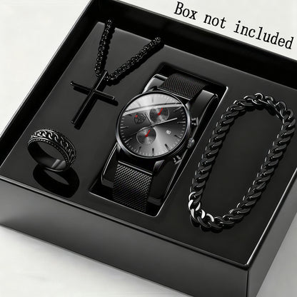 Men's Quartz Watch & Bracelet Gift Set 4-Piece – Stainless Steel Date Watch, Necklace & Bracelet for Men, Casual Business Jewelry Bundle