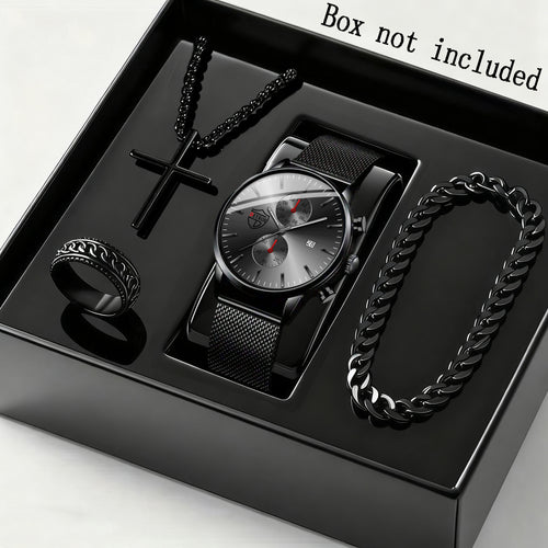 Men's Quartz Watch & Bracelet Gift Set 4-Piece – Stainless Steel Date Watch, Necklace & Bracelet for Men, Casual Business Jewelry Bundle