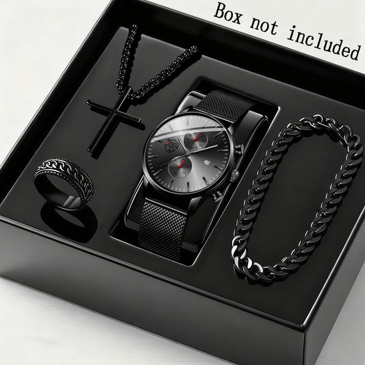 Men's Quartz Watch & Bracelet Gift Set 4-Piece – Stainless Steel Date Watch, Necklace & Bracelet for Men, Casual Business Jewelry Bundle