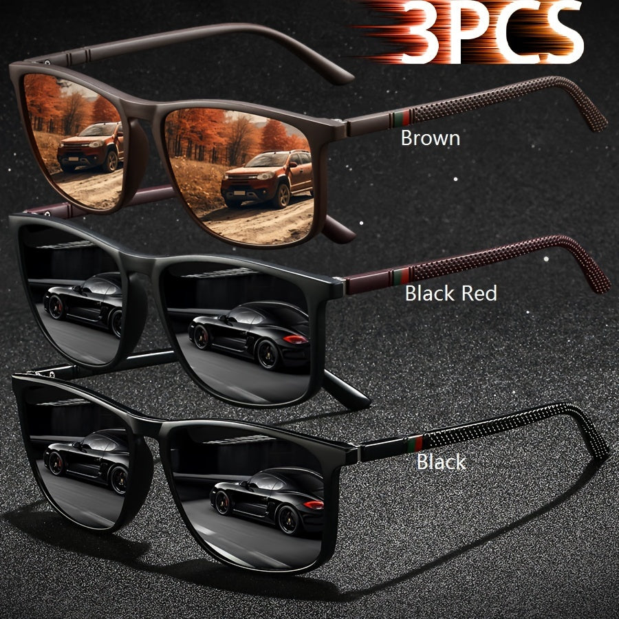 3 Pairs of  Striped Square Fashionable Men's and Women's Fashion Glasses - Luxurious Designer Anti-glare Black, Deep  and Red Color Combination - Fashionable UV Protection, Suitable for Driving, Fishing, Traveling and Beach Outfits