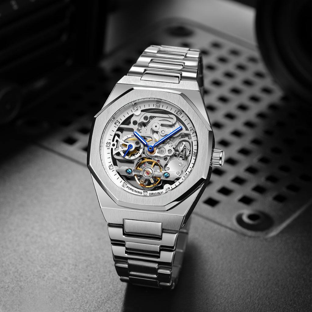 1pc FORSINING Men's Luxury Mechanical Watch - Skeleton Tourbillon, Luminous Hands, Stainless Steel Band, Irregular Case, Fashion Casual Style, Ideal for Christmas, Father's Day Gift, Luxury Business Watch | Automatic Watch | Without Battery