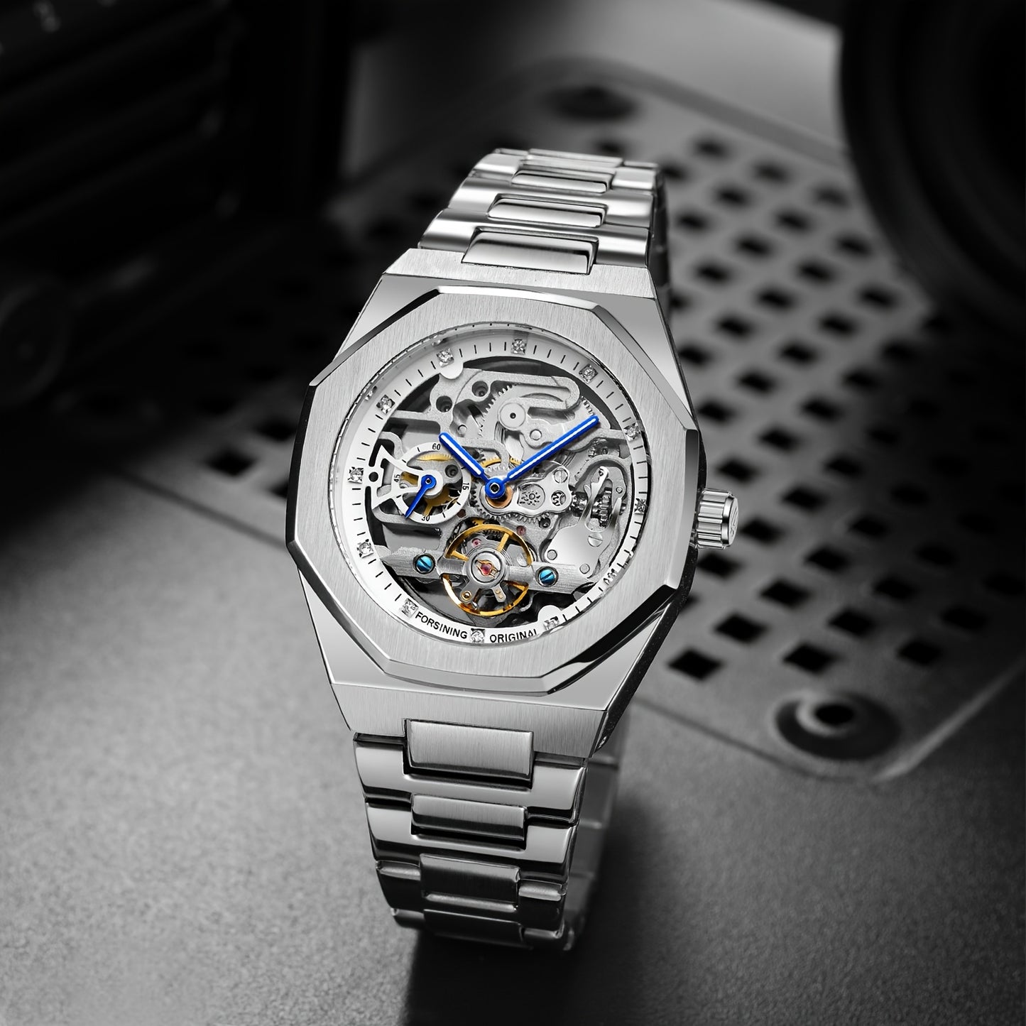 FORSINING Skeleton Tourbillon Automatic Mechanical Watch for Men – Luminous Hands, Stainless Steel Band, Irregular Case, Luxury Business Gift