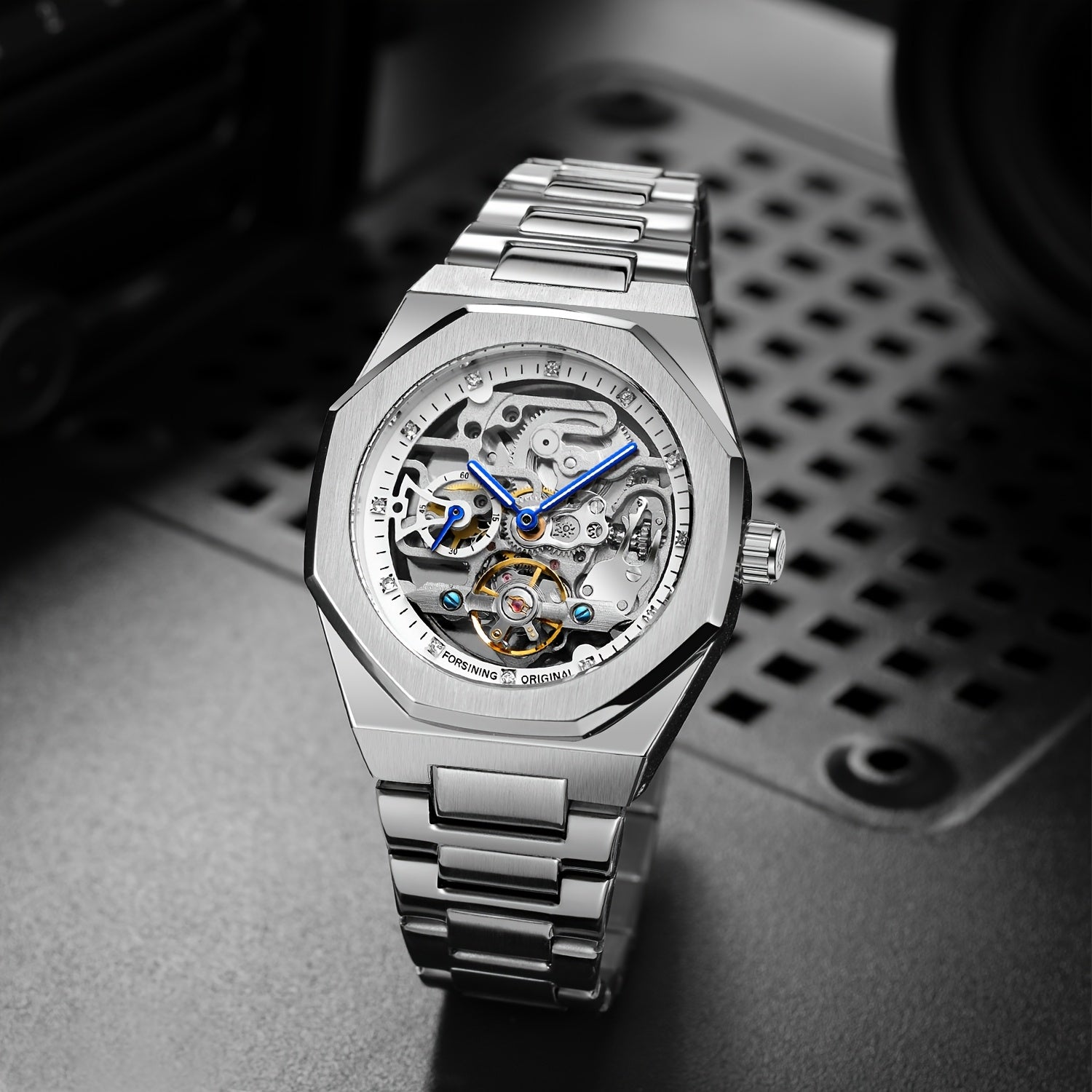 1pc FORSINING Men's Luxury Mechanical Watch - Skeleton Tourbillon, Luminous Hands, Stainless Steel Band, Irregular Case, Fashion Casual Style, Ideal for Christmas, Father's Day Gift, Luxury Business Watch | Automatic Watch | Without Battery