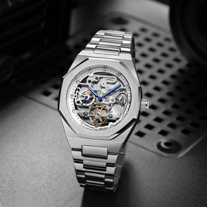 FORSINING Skeleton Tourbillon Automatic Mechanical Watch for Men – Luminous Hands, Stainless Steel Band, Irregular Case, Luxury Business Gift