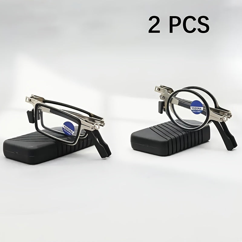 2pcs Portable Folding Blu-ray Shielded Eyewear, Round and Rectangle, Comfortable High Definition Stainless Steel Frame, Lightweight Pocket Eyewear Strap Case, Portable Eyewear | Fashion Frame Design | Stainless Steel Eyewear, Eyewear Case, Travel