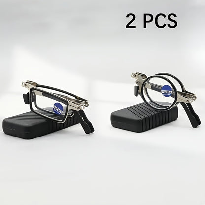 Folding Reading Glasses Blue Light Blocking 2 Pairs Stainless Steel Frame HD Portable with Case +100 to +400 Travel Men Women