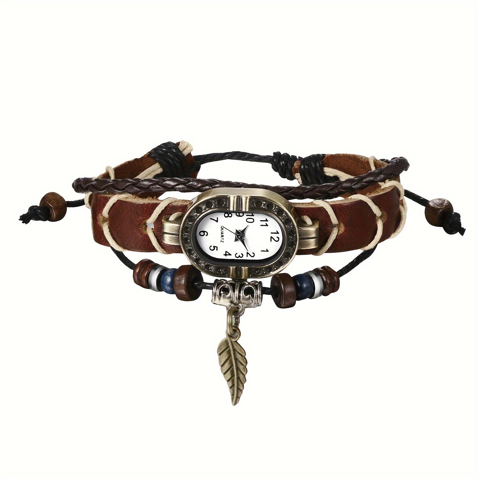 Vintage Casual Ethnic Analog Quartz Watch, Faux Leather Cord Multi-Layer Wrap Bracelet Watch with Pendant for Women, Christmas Birthday Gift