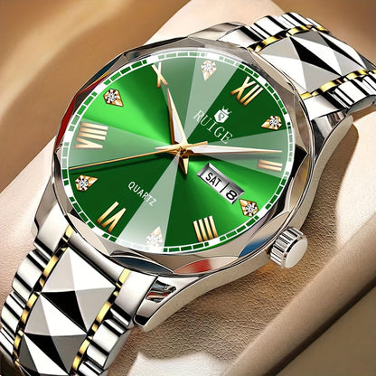 Luxury Sports Watch Men Stainless Steel Luminous Calendar Day Display – Quartz Wristwatch Fashion Casual Timepiece Gift for Men, Blue Green