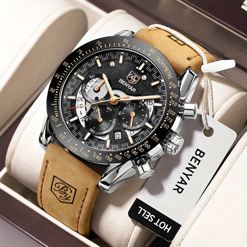 BENYAR Watch Men Luminous Chronograph Analog Quartz Big Face Business Sport Casual Fashion Dress Wristwatch Elegant Gift for Men Golden Silver Blue Black