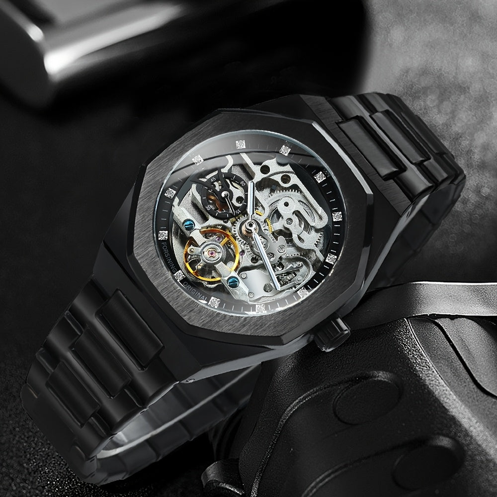 FORSINING Skeleton Tourbillon Automatic Mechanical Watch for Men – Luminous Hands, Stainless Steel Band, Irregular Case, Luxury Business Gift