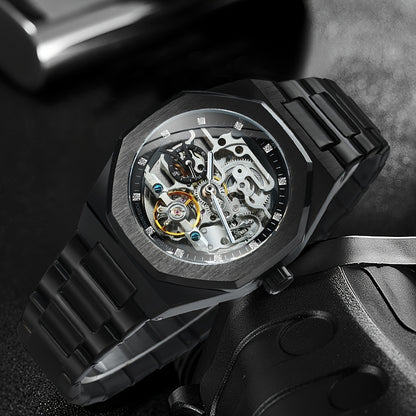 FORSINING Skeleton Tourbillon Automatic Mechanical Watch for Men – Luminous Hands, Stainless Steel Band, Irregular Case, Luxury Business Gift