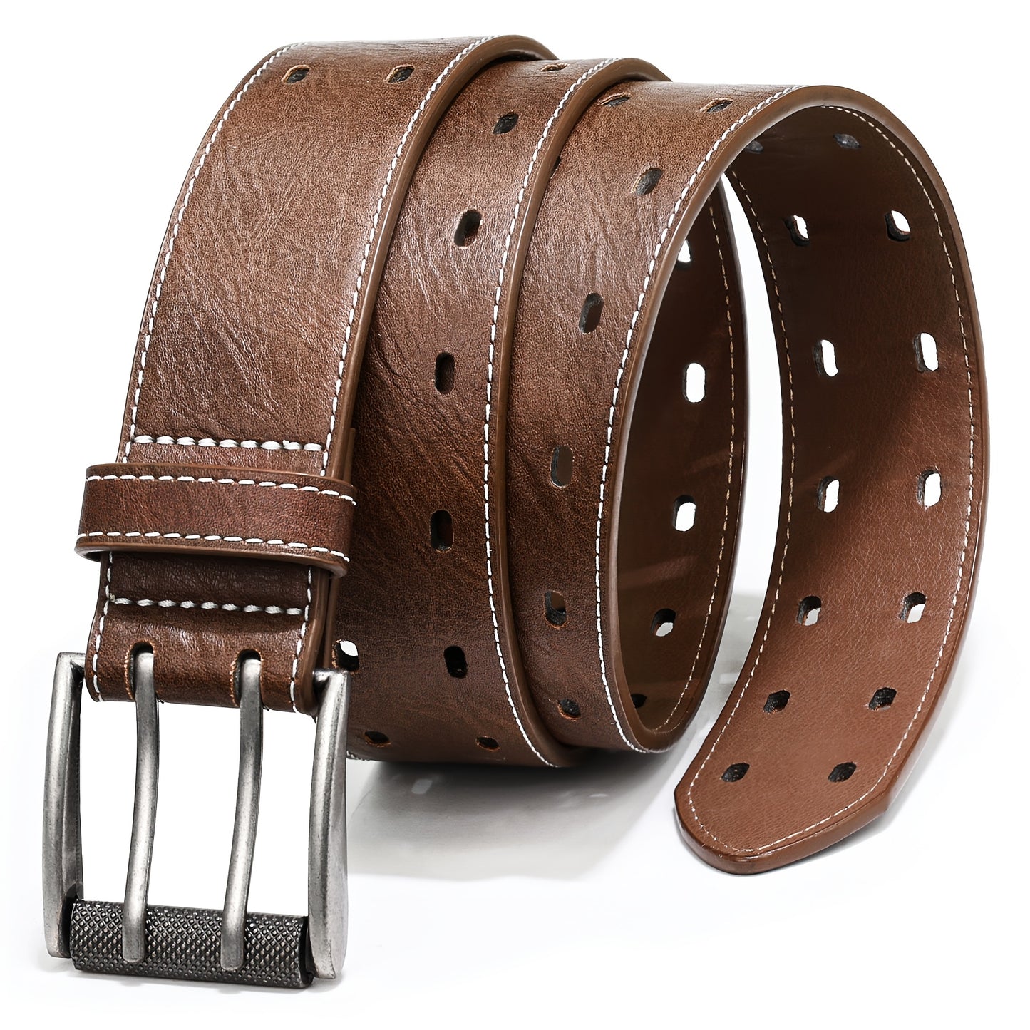 Double Prong Belt for Men - Faux Leather, Heavy Duty Work Belt, Classic Casual, Sizes 34"-46", 4 Colors, Gift for Dad & Husband