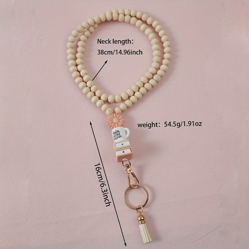 Handmade Beaded Keychain with Tassel – Cute Acrylic Charm Key Ring with Daisy, Apple, Book & Heart Pendant, Lanyard for Name Tag, Teacher's Day & Back to School Gift for Women Girls
