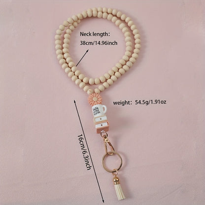 Handmade Beaded Keychain with Tassel – Cute Acrylic Charm Key Ring with Daisy, Apple, Book & Heart Pendant, Lanyard for Name Tag, Teacher's Day & Back to School Gift for Women Girls