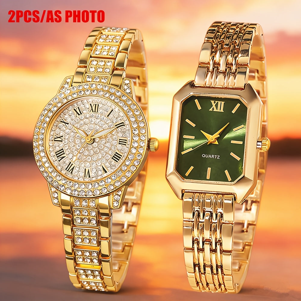 Set of 2 Women'S Watches, Elegant Golden Color Wristwatch for Women, Stylish Casual Quartz Timepiece, Perfect Gifts for Ladies