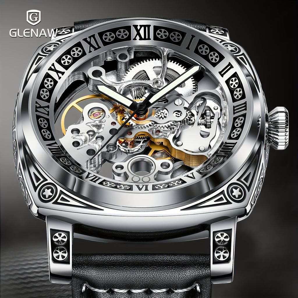 GLENAW Carved Automatic Watches for Men, Retro Tattoo Skeleton Self-Winding Mechanical Watch Men's Automatic - 3 ATM Waterproof, Luminous Hands, Skeleton Dial, Ideal for Everyday Wear and Formal Occasions