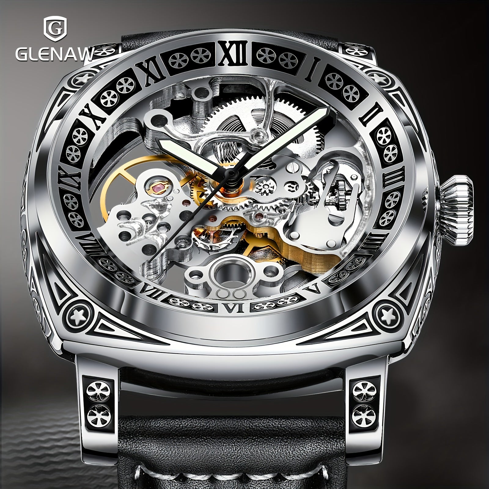 GLENAW Carved Automatic Watches for Men, Retro Tattoo Skeleton Self-Winding Mechanical Watch Men's Automatic - 3 ATM Waterproof, Luminous Hands, Skeleton Dial, Ideal for Everyday Wear and Formal Occasions