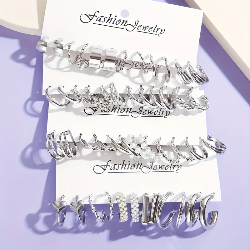 A Set Of 24 Pairs Of Fashionable Alloy Earrings-perfect For Everyday Wear Or As A Holiday Gift-zinc Alloy With Stainless Steel Studs-perfect For Parties And Everyday Use-no Enamel Or Gemstones-perfect For Year-round Styling