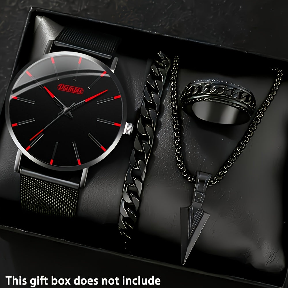 4pcs Men's Watch + Triangle Spearhead Necklace Set, Casual Business Quartz Men Watches, Fashion Accessories, Suitable for Any Occasion, Gifts for Men