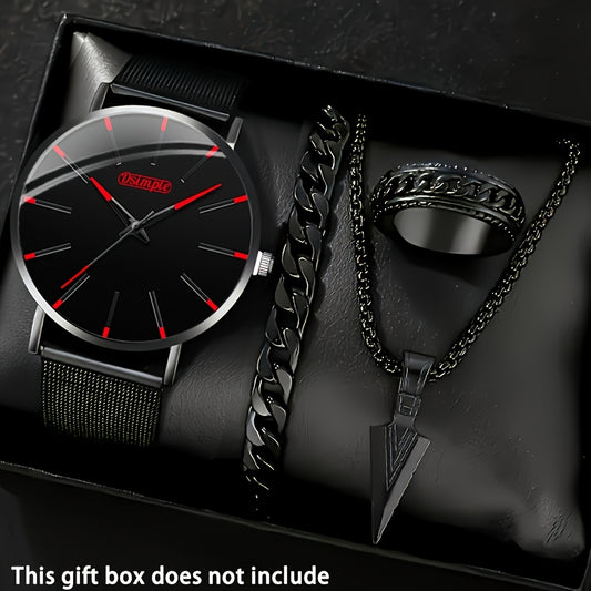 Men's Watch and Necklace Set 4 Piece Quartz Wristwatch with Triangle Spearhead Pendant Necklace, Casual Business Fashion Accessories Gift Set for Men