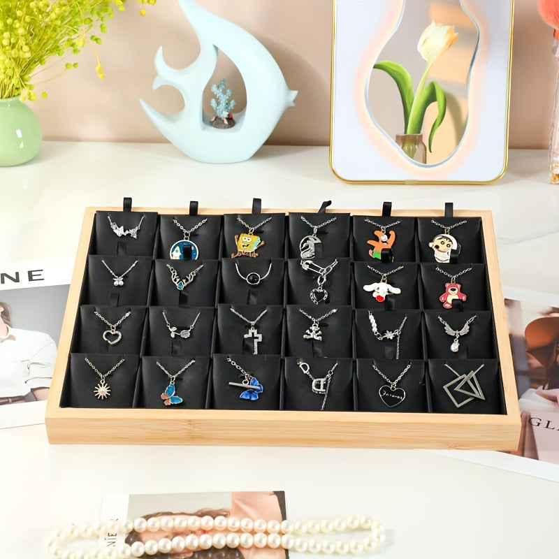 Jewelry Tray Bamboo Wood 24 Grid – Large Capacity Necklace & Pendant Display Rack, Elegant Home Storage Organizer for Earrings, Gift for Mom