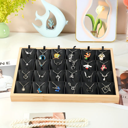 Jewelry Tray Bamboo Wood 24 Grid – Large Capacity Necklace & Pendant Display Rack, Elegant Home Storage Organizer for Earrings, Gift for Mom