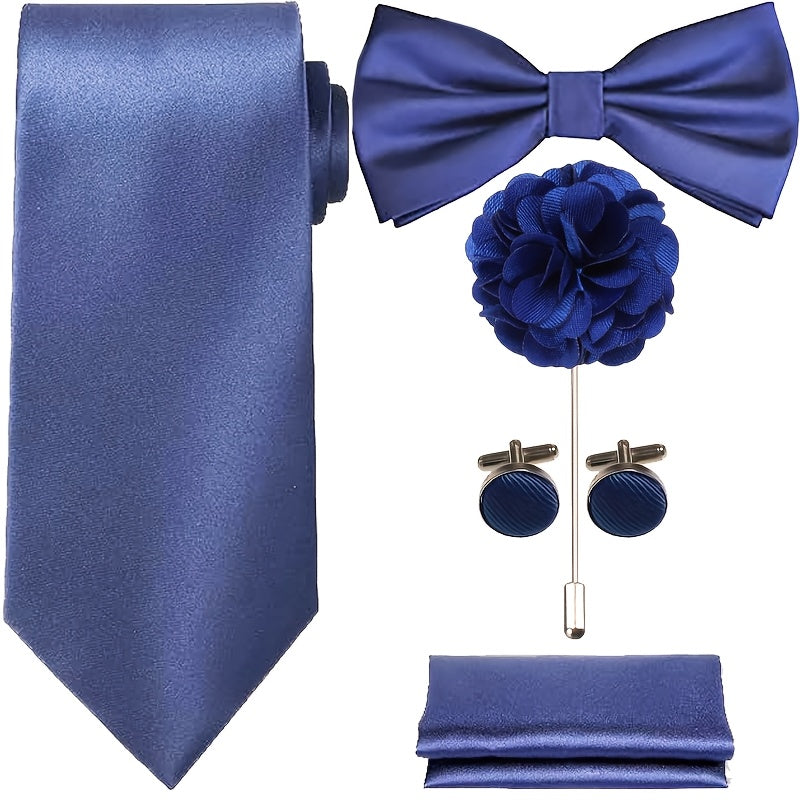 Set of 5 Ties in a Box, Featuring a Solid Color Necktie, Satin Bow Tie, Pocket Square, Lapel Pin, And Cuff Links for Weddings, Formal Gatherings, And Business Events - High-Quality, Versatile, And Fashionable Additions