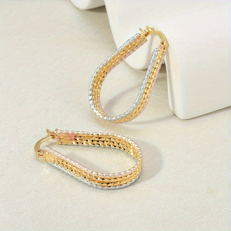[Golden Copper Earrings] Fashionable and Shiny Water Droplet Ripple Hoop Earrings, Golden Copper Earrings, Elegant and Minimalist Style Women's Oval Earrings